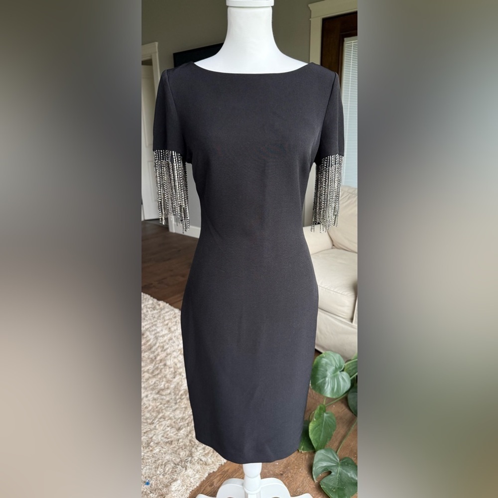 Badgley Mischka SIZE 4 Black Sheath Dress w/ Sparkle Fringe Sleeve Accents, NWT